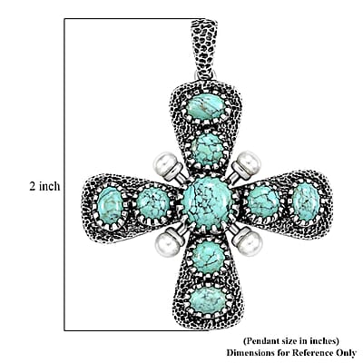 D'Joy Artisan Crafted Blue Moon Turquoise 7.20 ctw and Freshwater Pearl Cross Pendant without Chain in Sterling Silver
