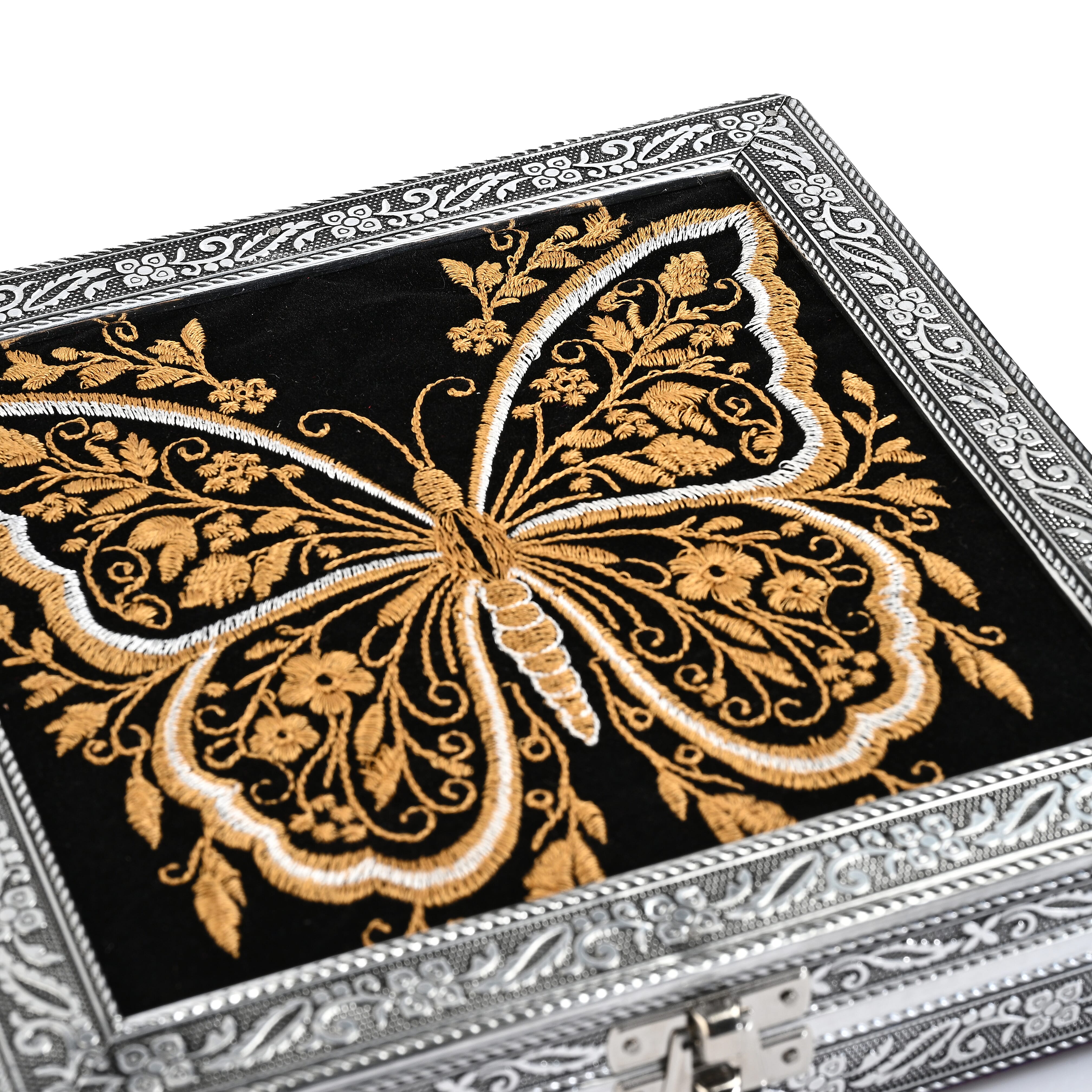 Livmore Silver and Golden Butterfly Embossed Jewelry Ring Box
