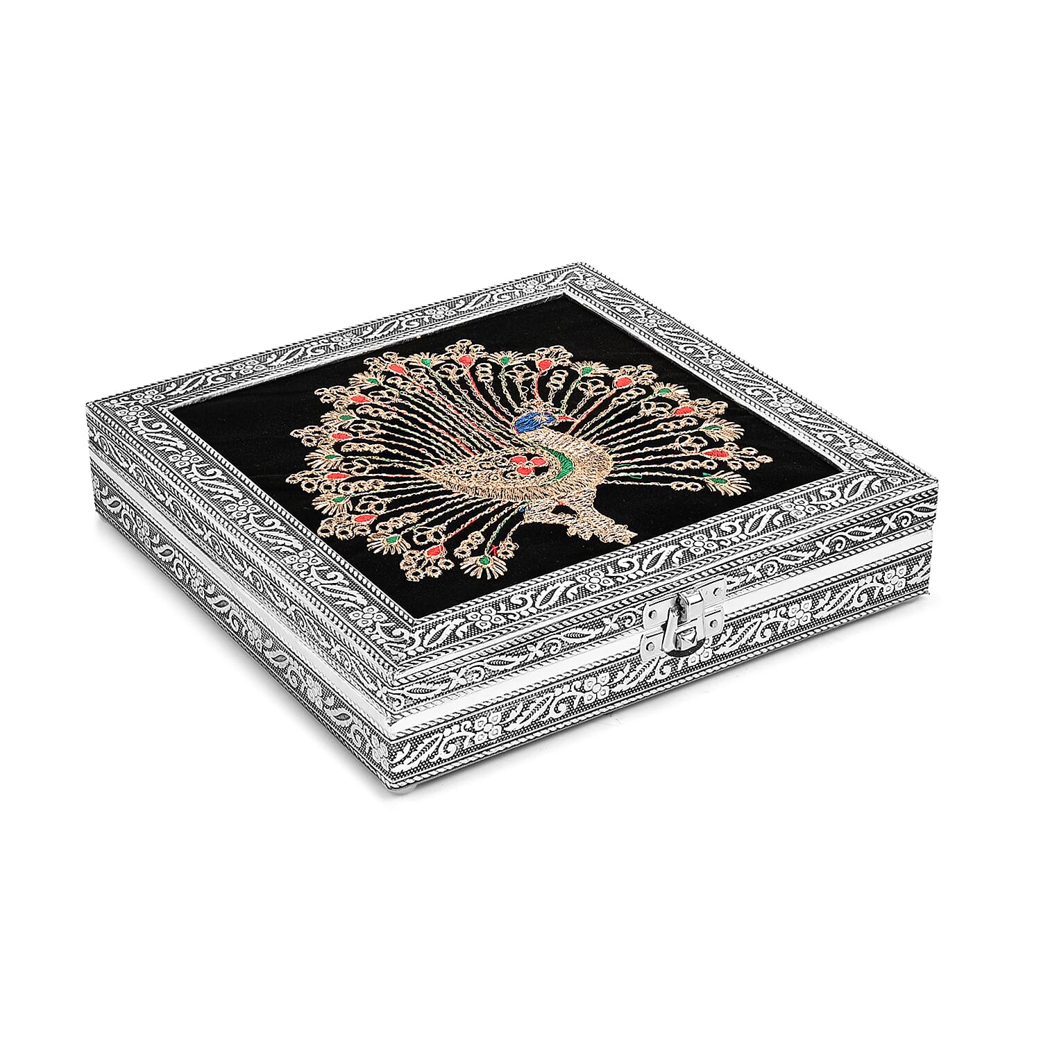 Livmore Silver and Golden Peacock Embossed Jewelry Ring Box
