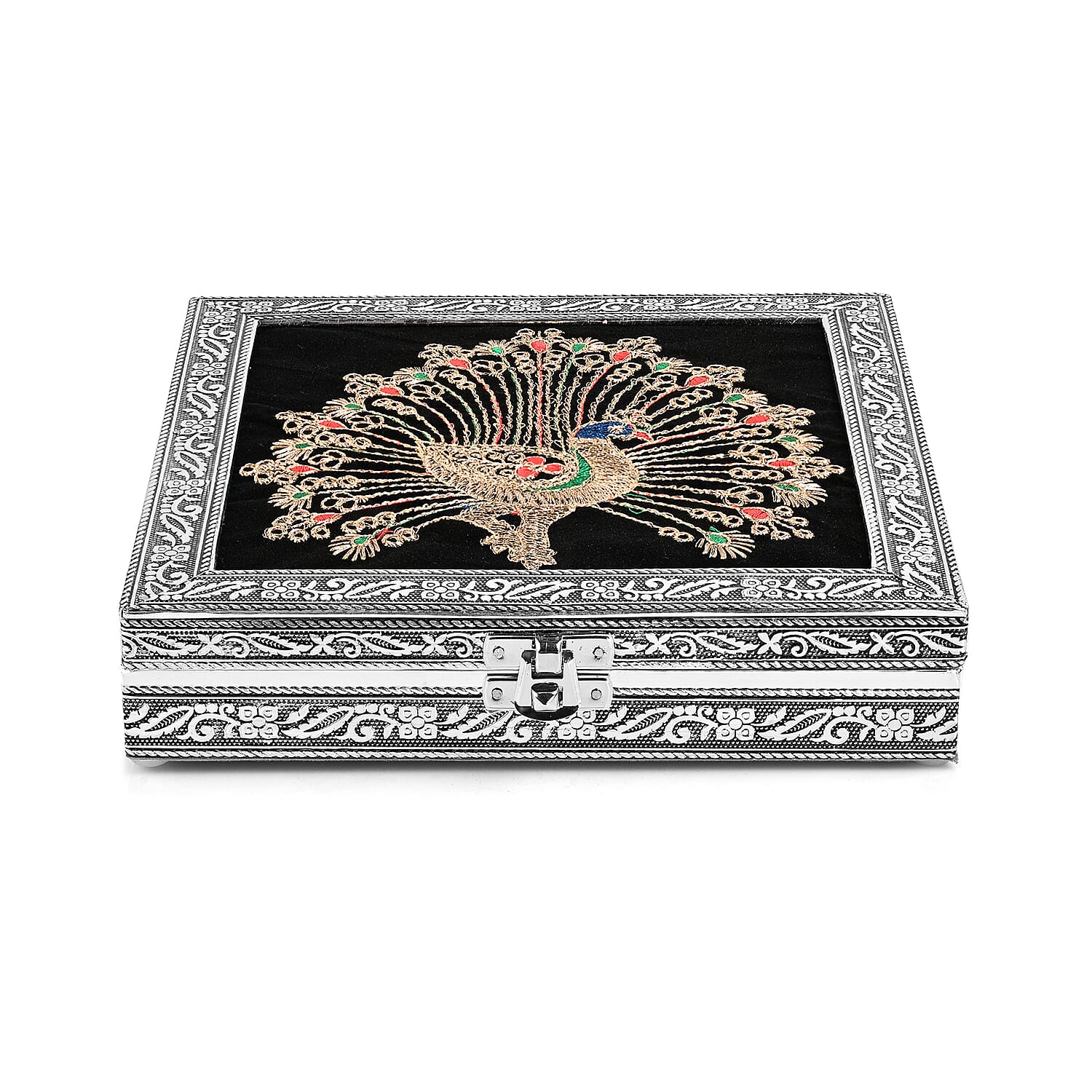 Livmore Silver and Golden Peacock Embossed Jewelry Ring Box