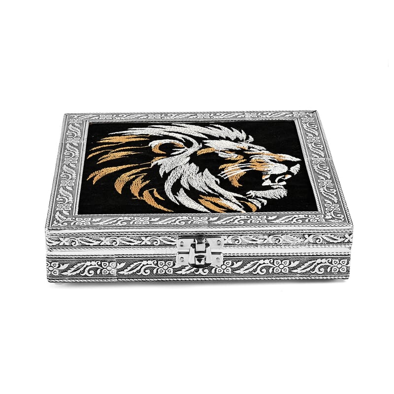 Livmore Silver and Golden Lion Embossed Jewelry Ring Box