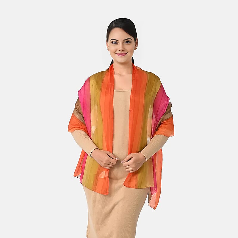 La Marey Orange with Multi Color Mulberry Silk Scarf