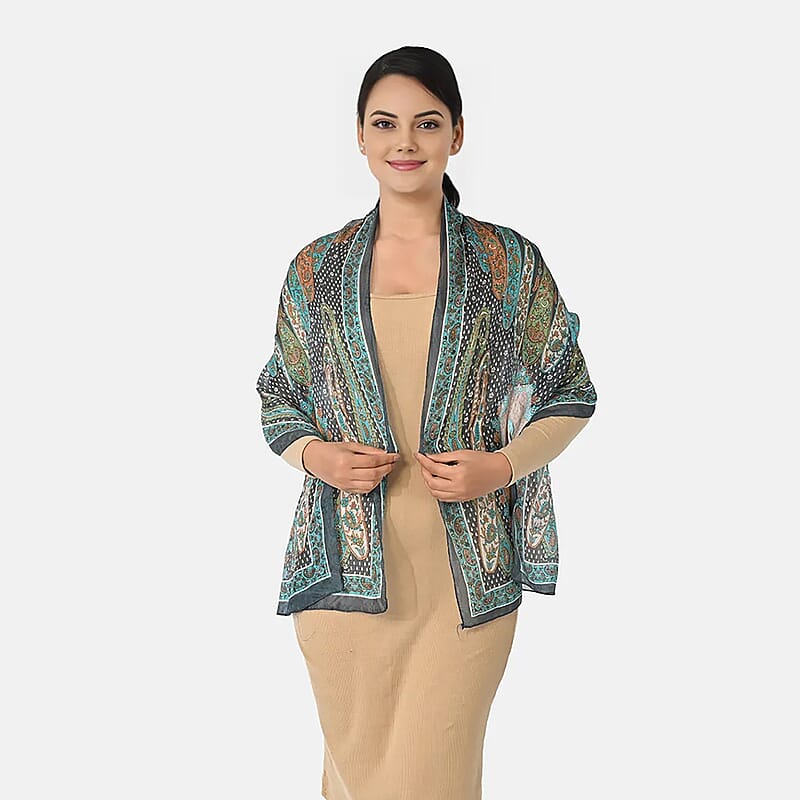 La Marey Teal Paisley and Polka Dot Print 100% Mulberry Silk Scarf
