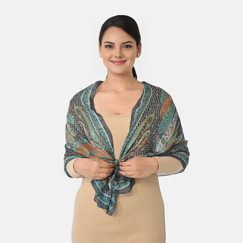 La Marey Teal Paisley and Polka Dot Print 100% Mulberry Silk Scarf