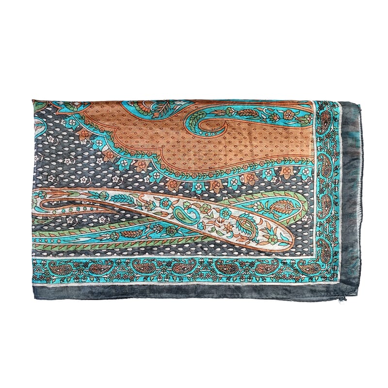 La Marey Teal Paisley and Polka Dot Print 100% Mulberry Silk Scarf