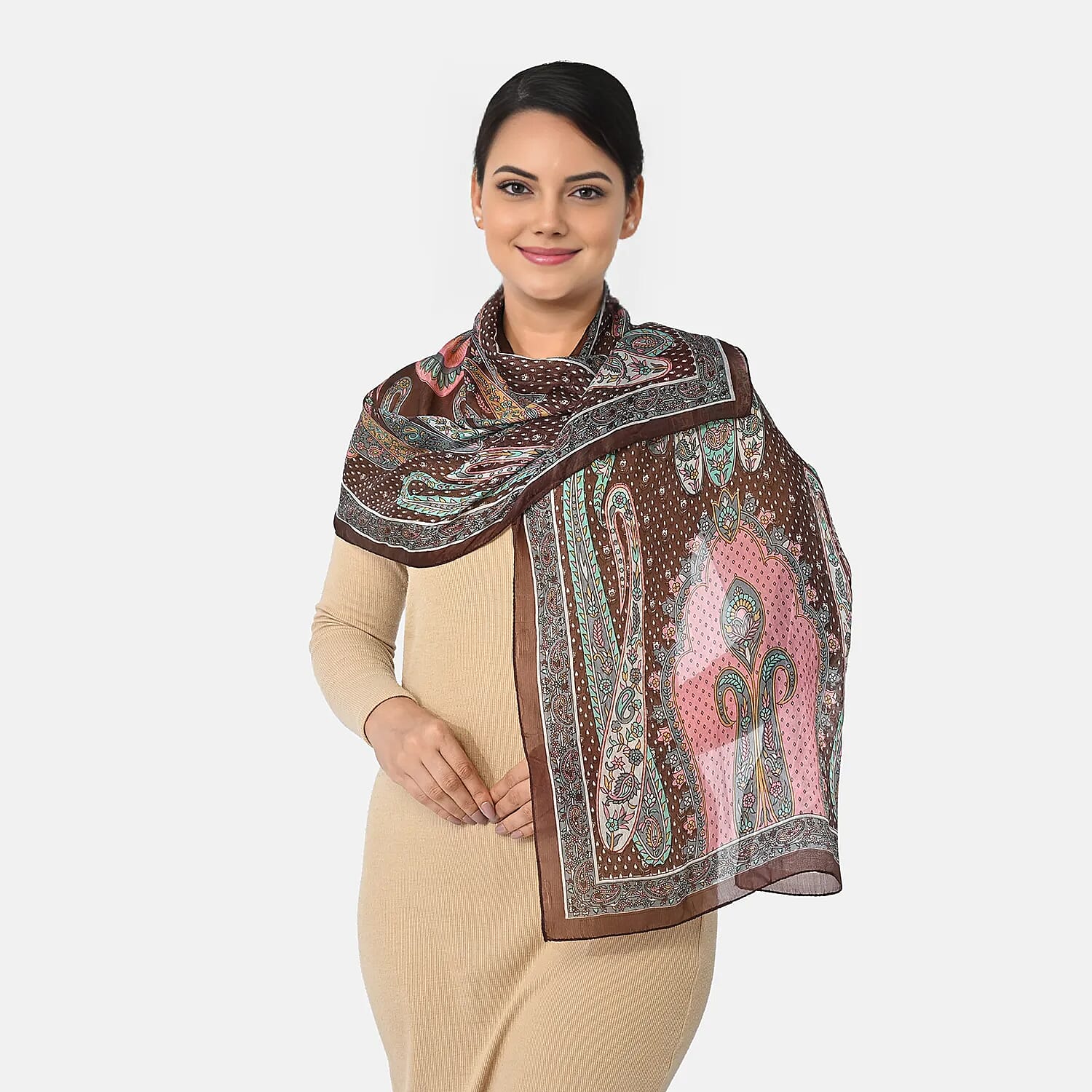 La Marey Dark Brown Paisley and Polka Dot Print 100% Mulberry Silk Scarf