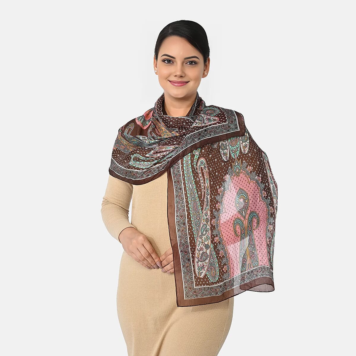 La Marey Dark Brown Paisley and Polka Dot Print Mulberry Silk Scarf image number 1