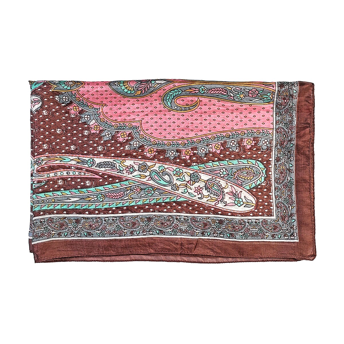 La Marey Dark Brown Paisley and Polka Dot Print Mulberry Silk Scarf image number 3