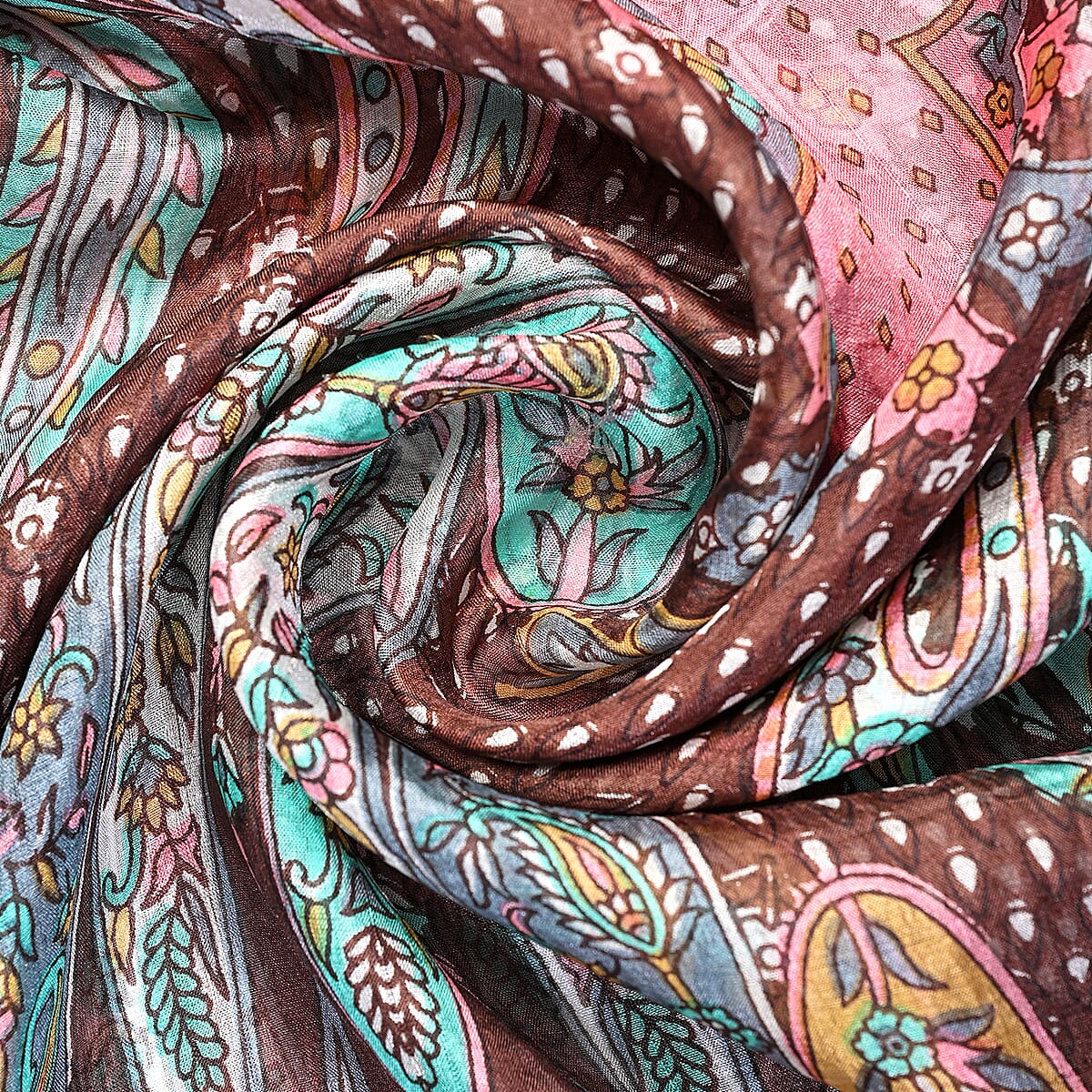 La Marey Dark Brown Paisley and Polka Dot Print Mulberry Silk Scarf image number 4