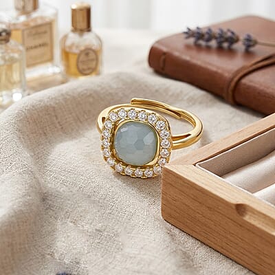 Mangoro Aquamarine and Simulated Diamond 4.50 ctw Ring (Adjustable) in Goldtone