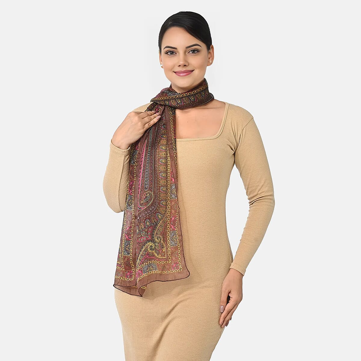 La Marey Chocolate Paisley Print Mulberry Silk Scarf image number 1