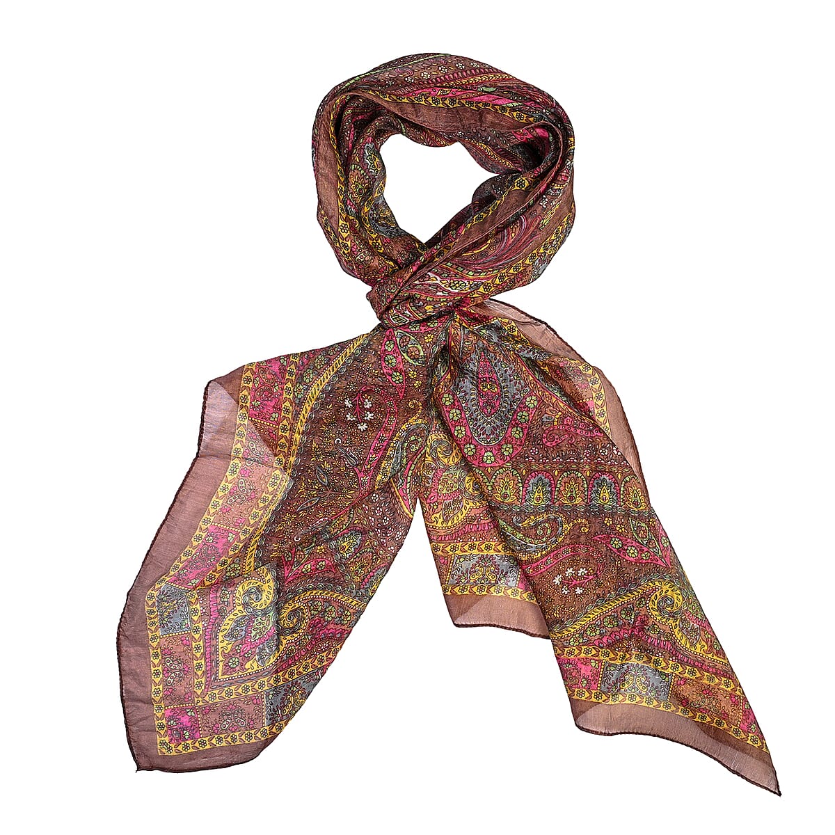 La Marey Chocolate Paisley Print Mulberry Silk Scarf image number 2