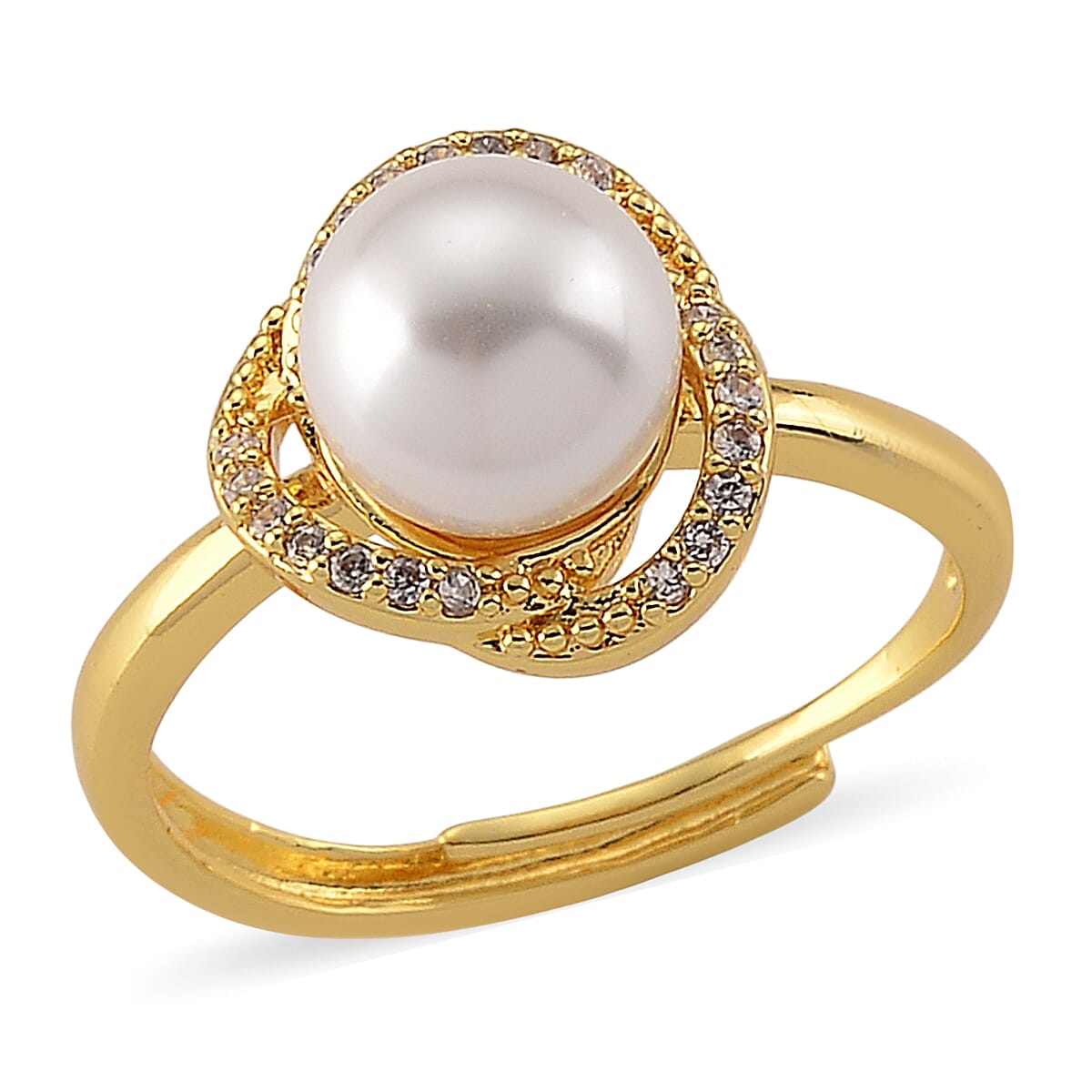 White Shell Pearl and Simulated Diamond 0.10 ctw Ring (Adjustable) in Goldtone