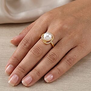 White Shell Pearl and Simulated Diamond 0.10 ctw Ring (Adjustable) in Goldtone