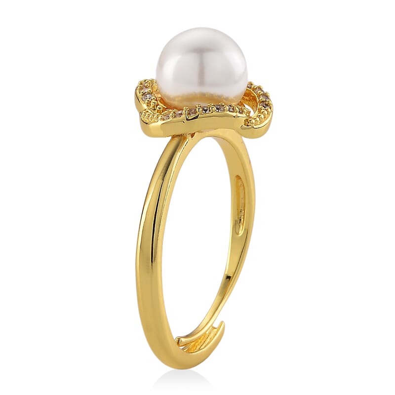 White Shell Pearl and Simulated Diamond 0.10 ctw Ring (Adjustable) in Goldtone