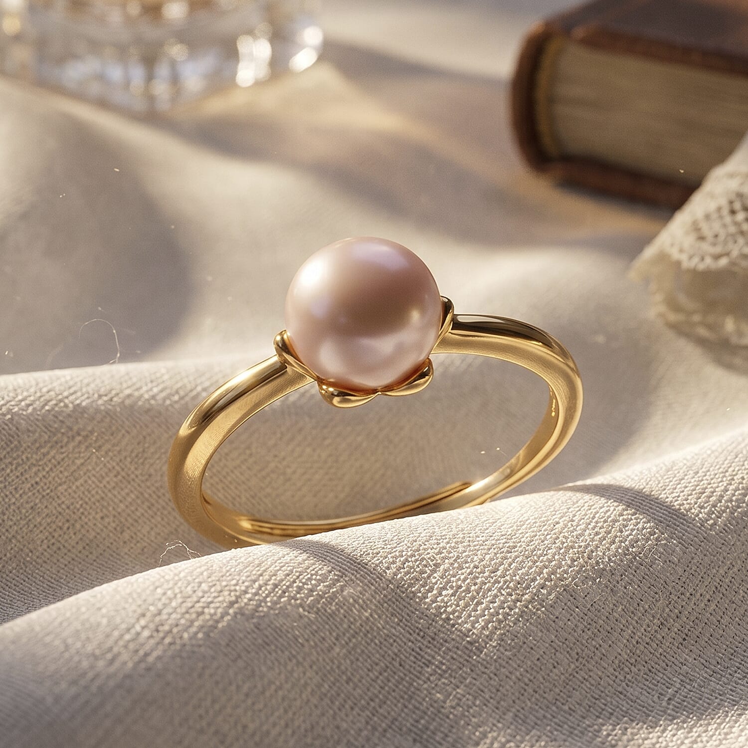 White Shell Pearl Ring (Adjustable) in Goldtone