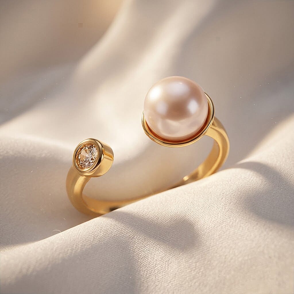 White Shell Pearl and Simulated Diamond 0.20 ctw Ring (Adjustable) in Goldtone