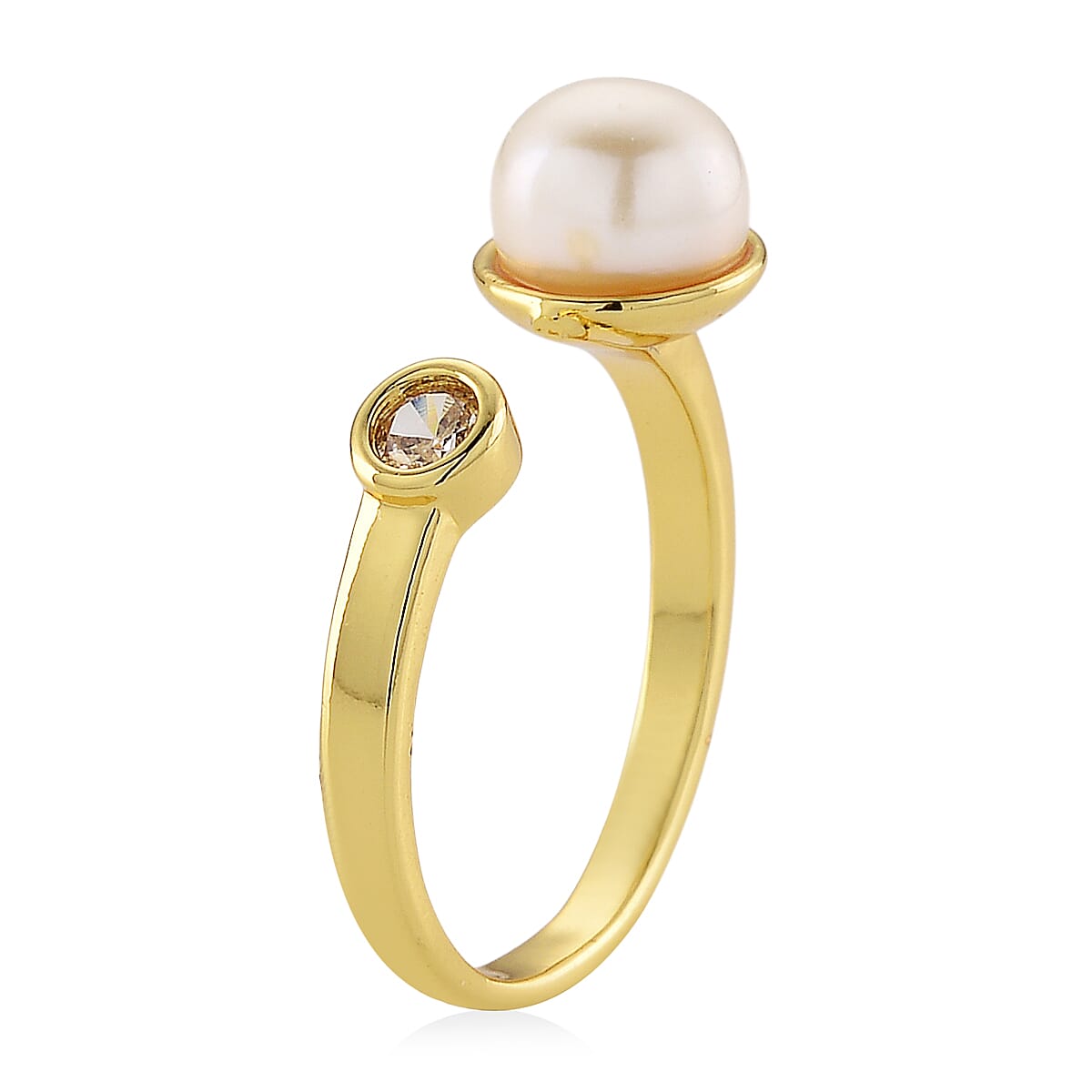 White Shell Pearl and Simulated Diamond 0.20 ctw Ring (Adjustable) in Goldtone