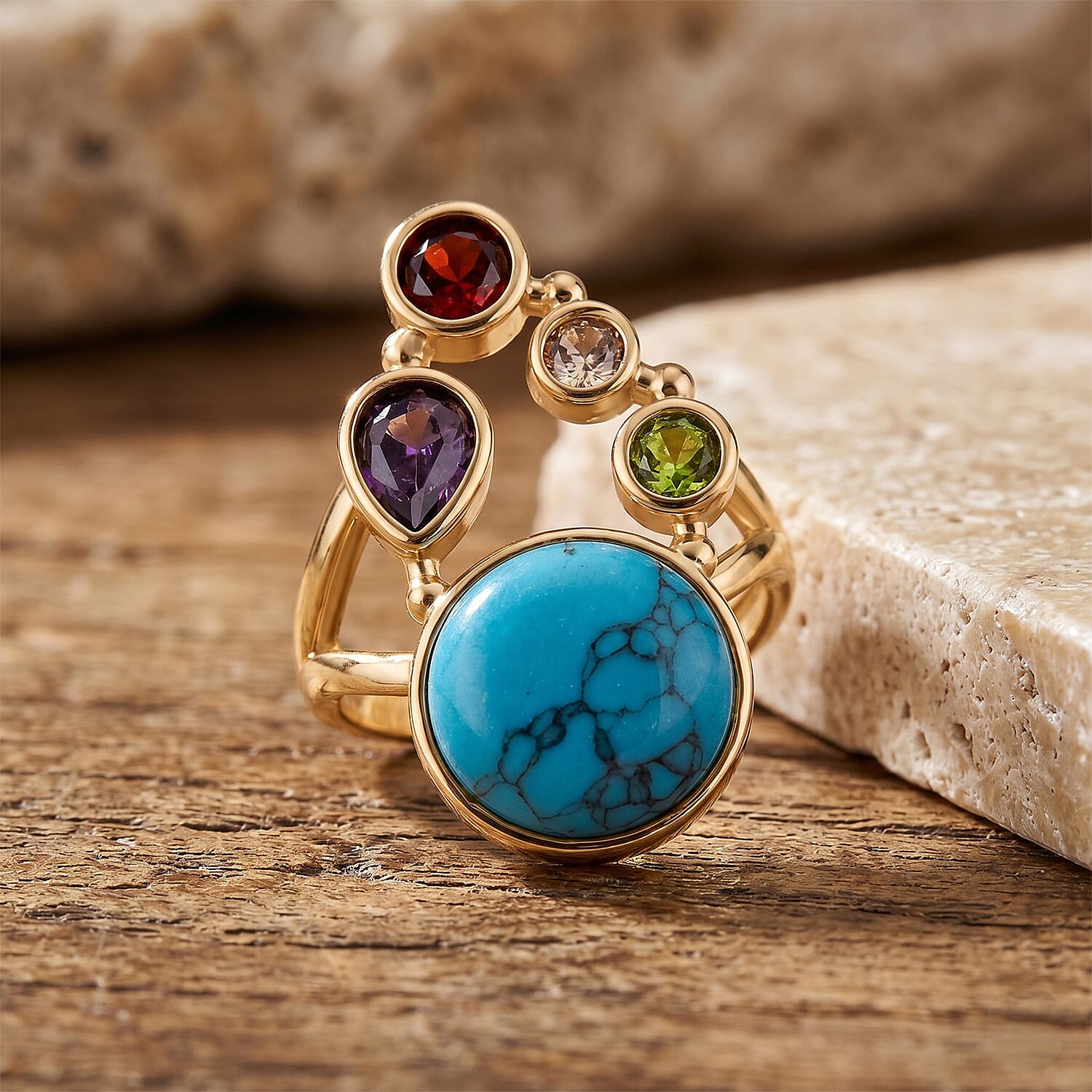 Blue Howlite and Simulated Multi Color Diamond 13.40 ctw Ring (Adjustable) in Goldtone