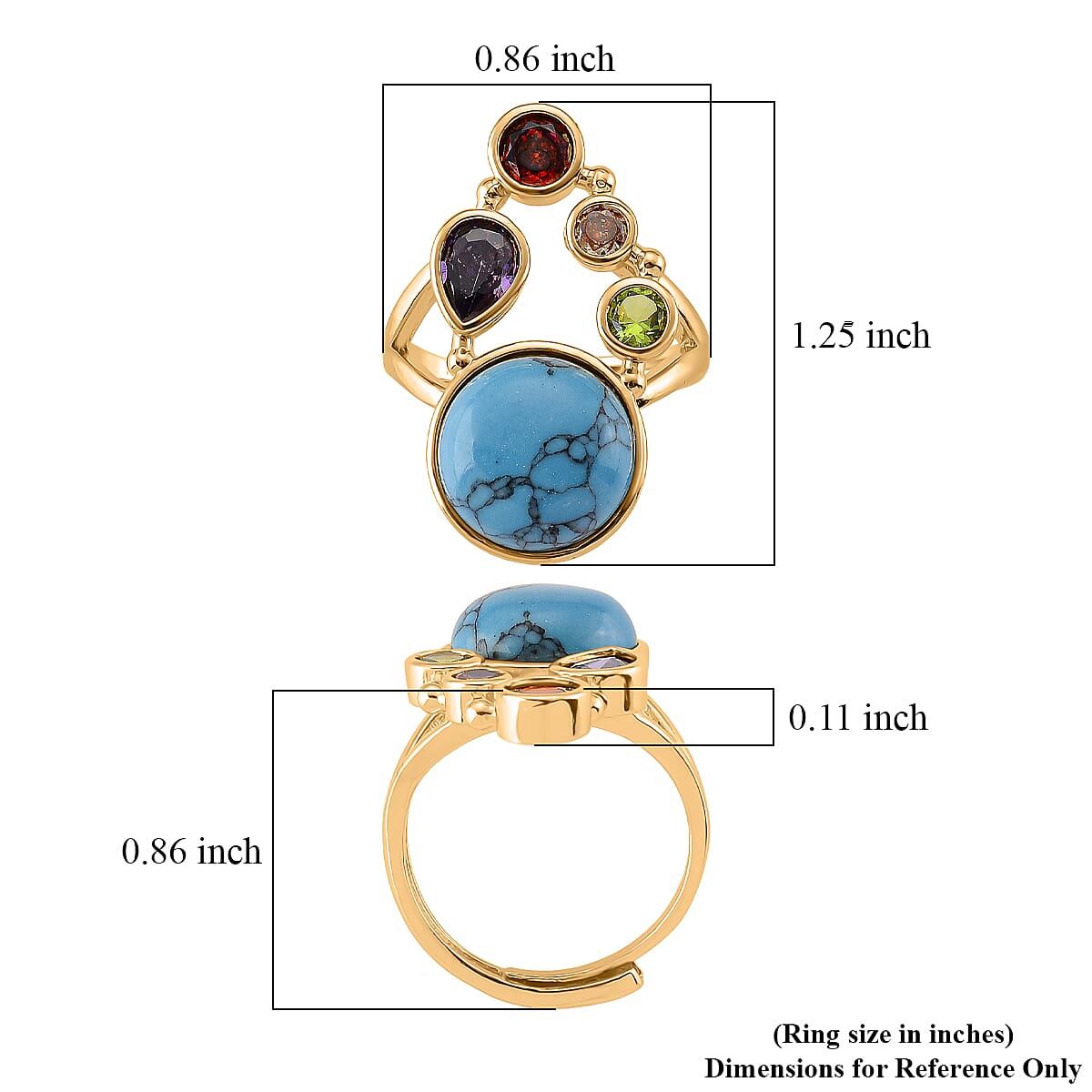 Blue Howlite and Simulated Multi Color Diamond 13.40 ctw Ring (Adjustable) in Goldtone
