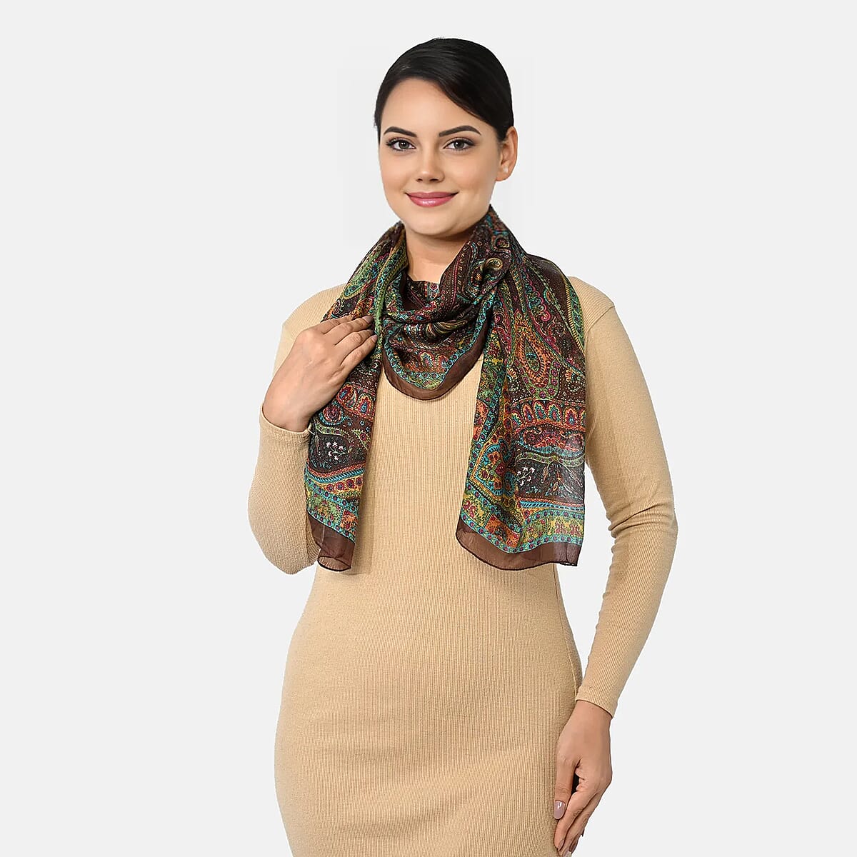La Marey Brown Printed Mulberry Silk Scarf image number 1