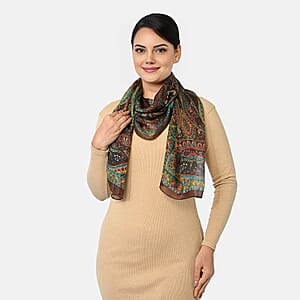 La Marey Brown Printed Mulberry Silk Scarf