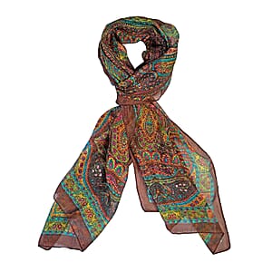 La Marey Brown Printed Mulberry Silk Scarf