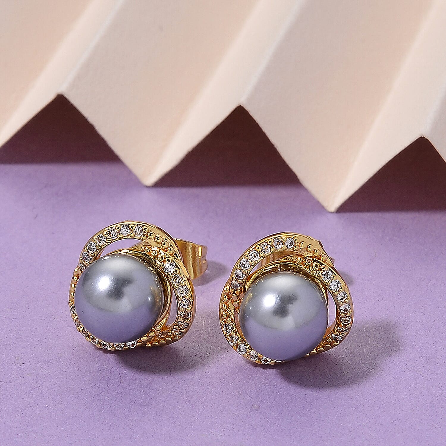 Grey Shell Pearl and Simulated Diamond 0.20 ctw Earrings in Goldtone