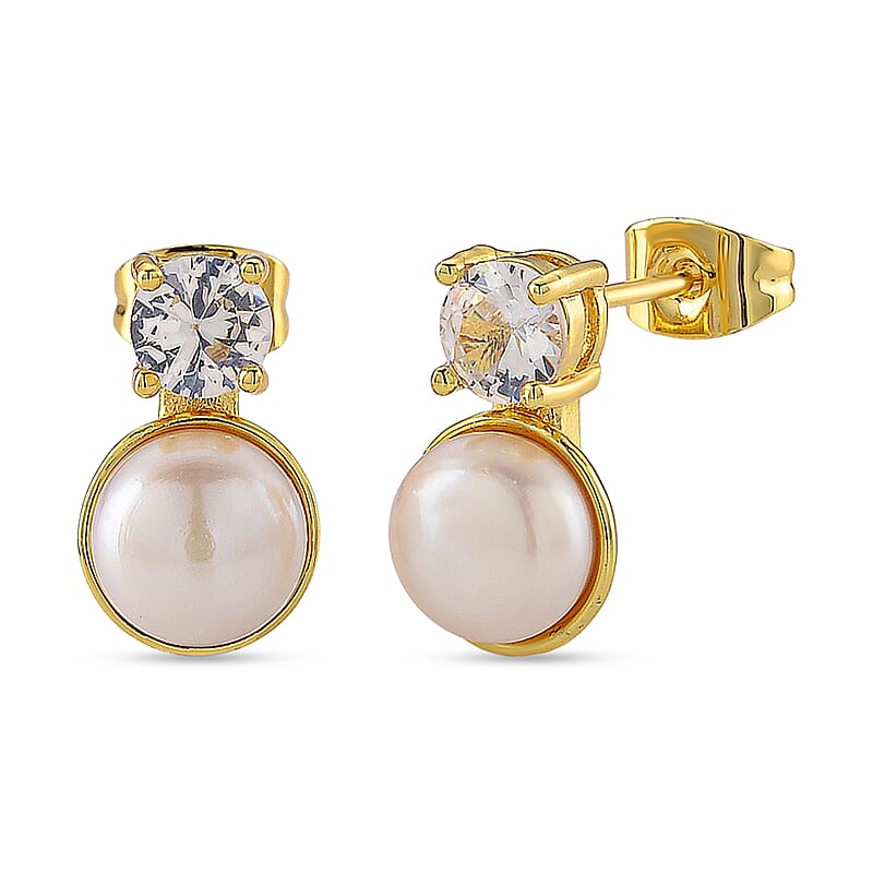 White Shell Pearl and Simulated Diamond 2.00 ctw Earrings in Goldtone