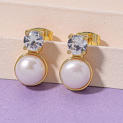 White Shell Pearl and Simulated Diamond 2.00 ctw Earrings in Goldtone