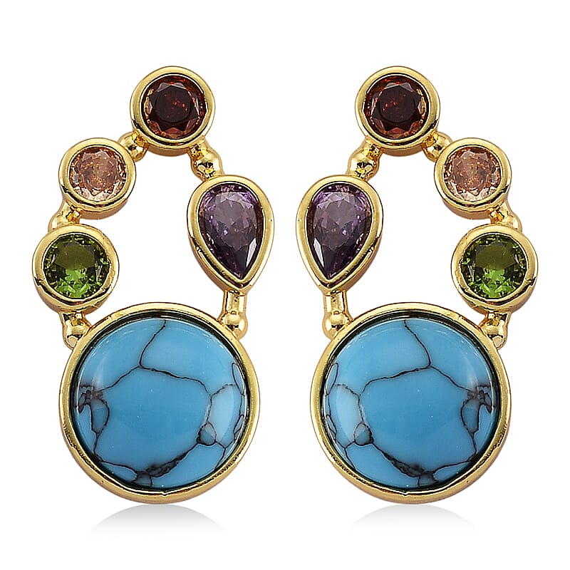 Blue Howlite and Simulated Multi Diamond 12.80 ctw Earrings in Goldtone