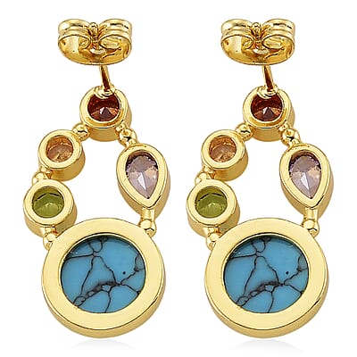 Blue Howlite and Simulated Multi Diamond 12.80 ctw Earrings in Goldtone