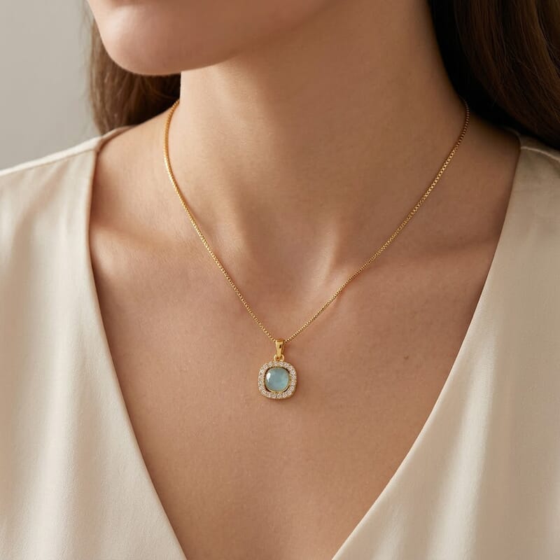 Mangoro Aquamarine and Simulated Dimaond 10.10 ctw Beaded Necklace in Goldtone 18-20 Inches