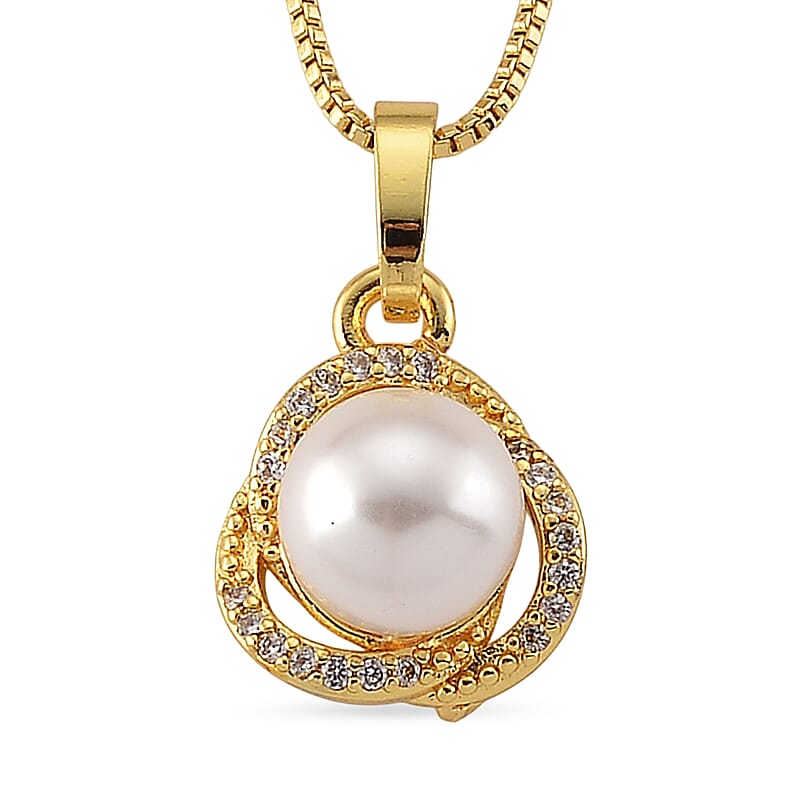 White Shell Pearl and Simulated Diamond 0.10 ctw Necklace in Goldtone 18-20 Inches
