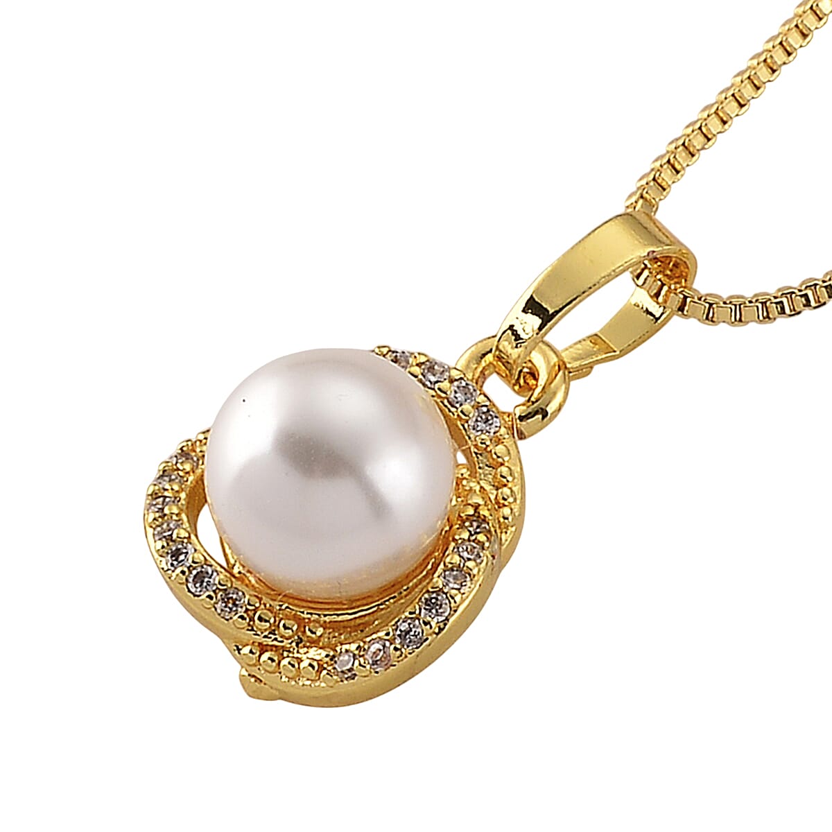 White Shell Pearl and Simulated Diamond 0.10 ctw Necklace in Goldtone 18-20 Inches