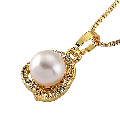 White Shell Pearl and Simulated Diamond 0.10 ctw Necklace in Goldtone 18-20 Inches