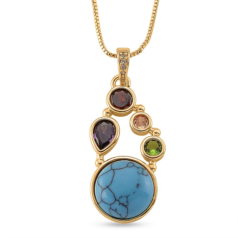 Blue Howlite and Simulated Multi Color Diamond 14.40 ctw Necklace in Goldtone 18-20 Inches