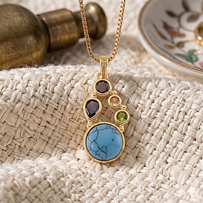 Blue Howlite and Simulated Multi Color Diamond 14.40 ctw Necklace in Goldtone 18-20 Inches