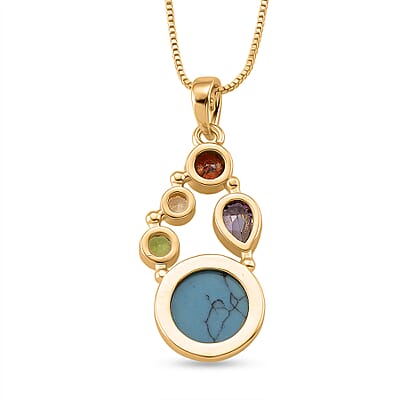 Blue Howlite and Simulated Multi Color Diamond 14.40 ctw Necklace in Goldtone 18-20 Inches
