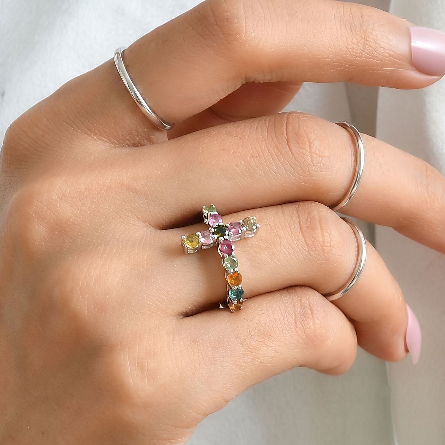 EverTrue Multi-Tourmaline 1.50 ctw Cross Ring in Platinum Bond (Size 9.0)