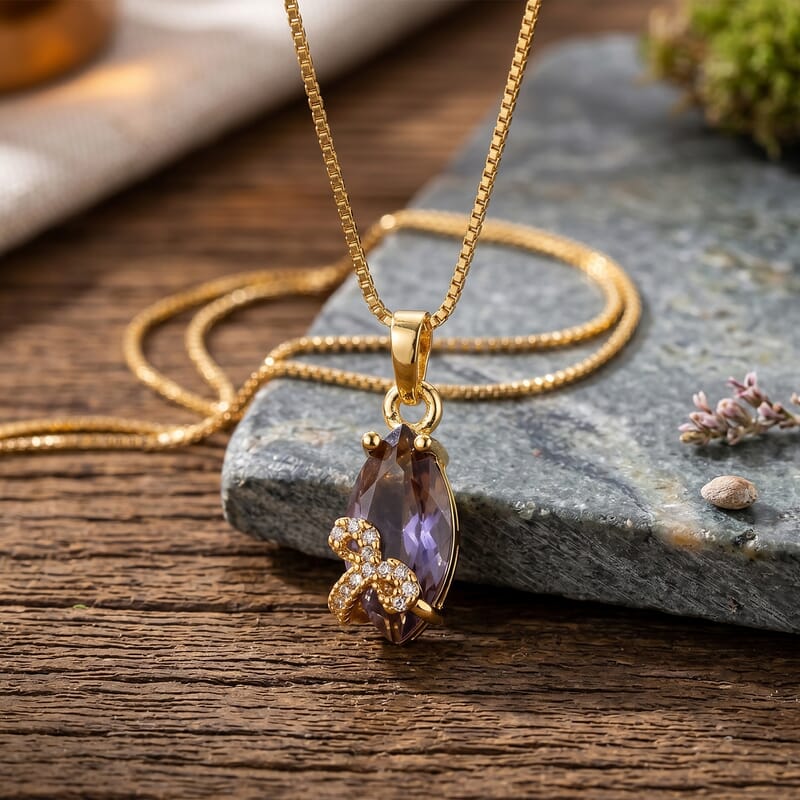 African Amethyst and Simulated Diamond 6.10 ctw Necklace in Goldtone 18-20 Inches