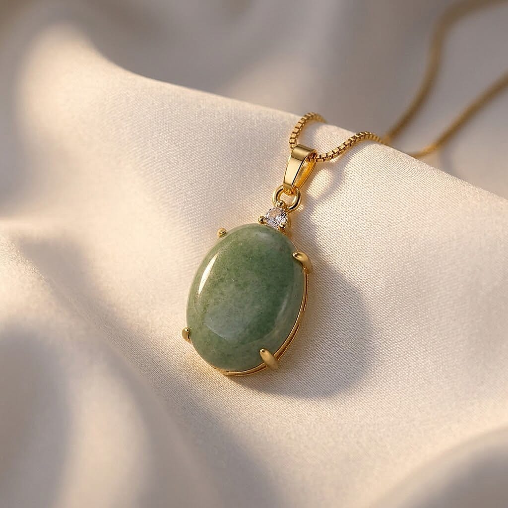 Green Aventurine and Simulated Diamond 20.20 ctw Necklace in Goldtone 18-20 Inches