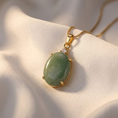 Green Aventurine and Simulated Diamond 20.20 ctw Necklace in Goldtone 18-20 Inches