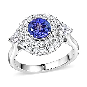 D'Joy Tanzanite ,  Moissanite  Main Stone With Surrounding Stone Ring in Rhodium OverSterling Silver 2.46 ctw