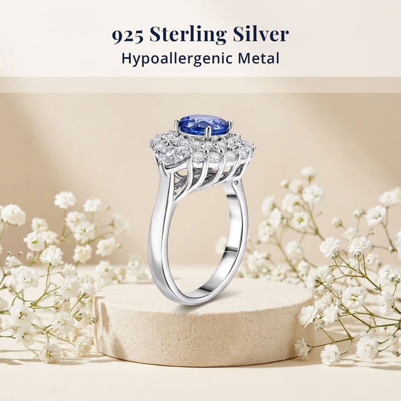 Certified & Appraised D'Joy Tanzanite and Moissanite 2.25 ctw Ring in Rhodium Over Sterling Silver (Size 10.0)