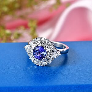 D'Joy Certified & Appraised Tanzanite and Moissanite 2.25 ctw Ring in Rhodium Over Sterling Silver (Size 6.0)