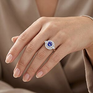 D'Joy Certified & Appraised Tanzanite and Moissanite 2.25 ctw Ring in Rhodium Over Sterling Silver (Size 6.0)