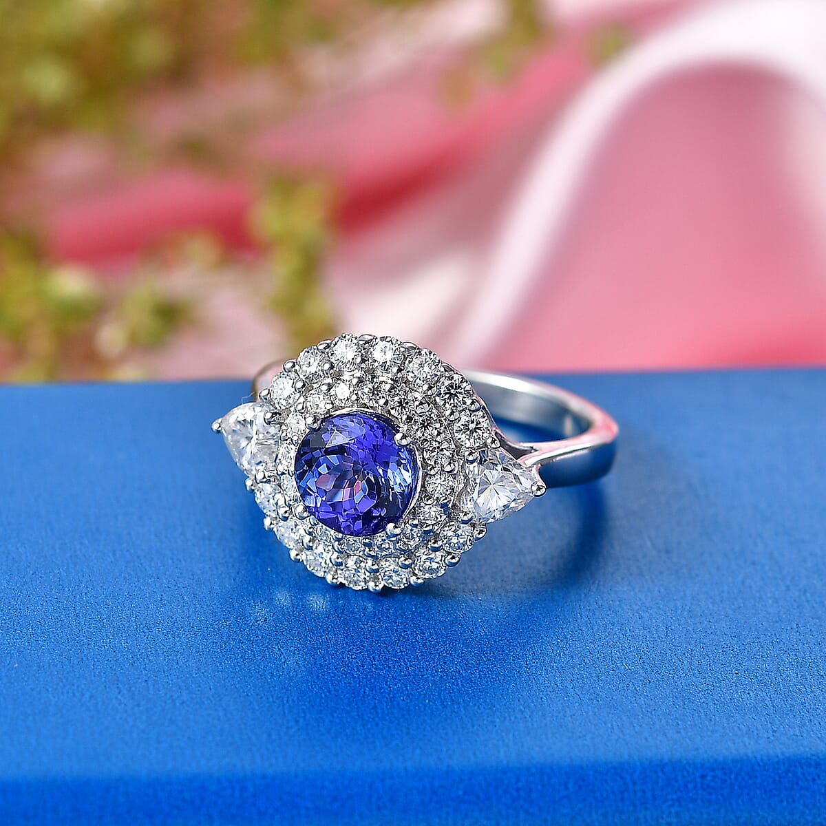 Certified & Appraised D'Joy Tanzanite and Moissanite 2.25 ctw Ring in Rhodium Over Sterling Silver (Size 9.0) image number 1