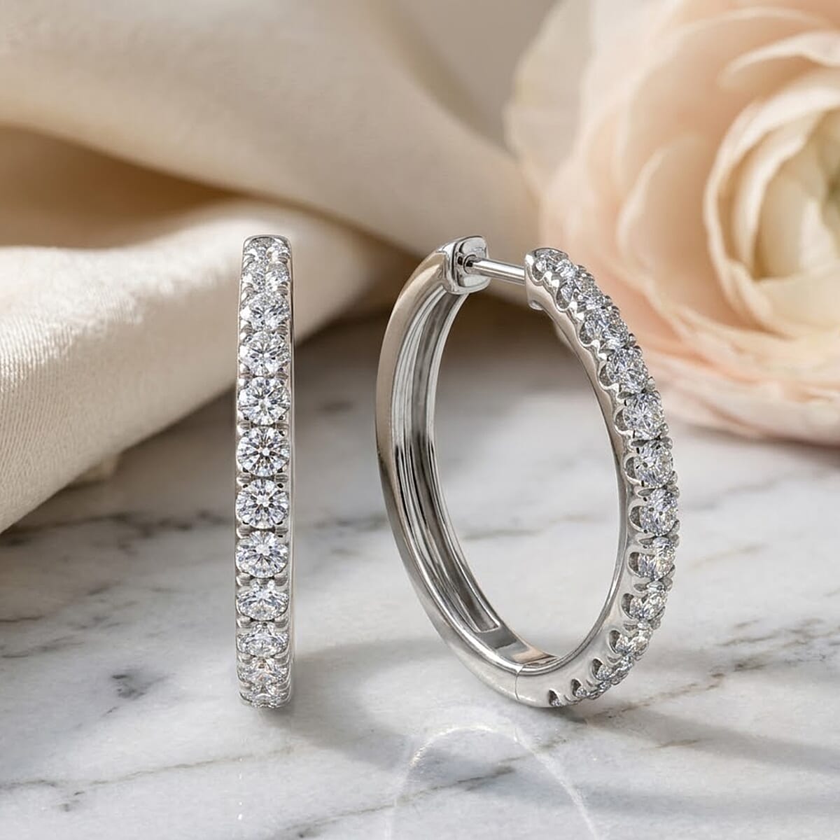 Luxuriant Lab Grown Diamond G-H SI 1.10 ctw Eternity Hoop Earrings in Rhodium Over Sterling Silver image number 1