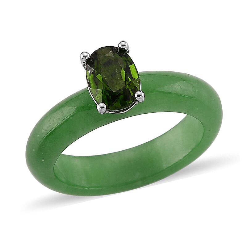 D'Joy Chrome Diopside and Green Jade (D) 15.00 ctw Band Ring in Rhodium Over Sterling Silver (Size 5.0)